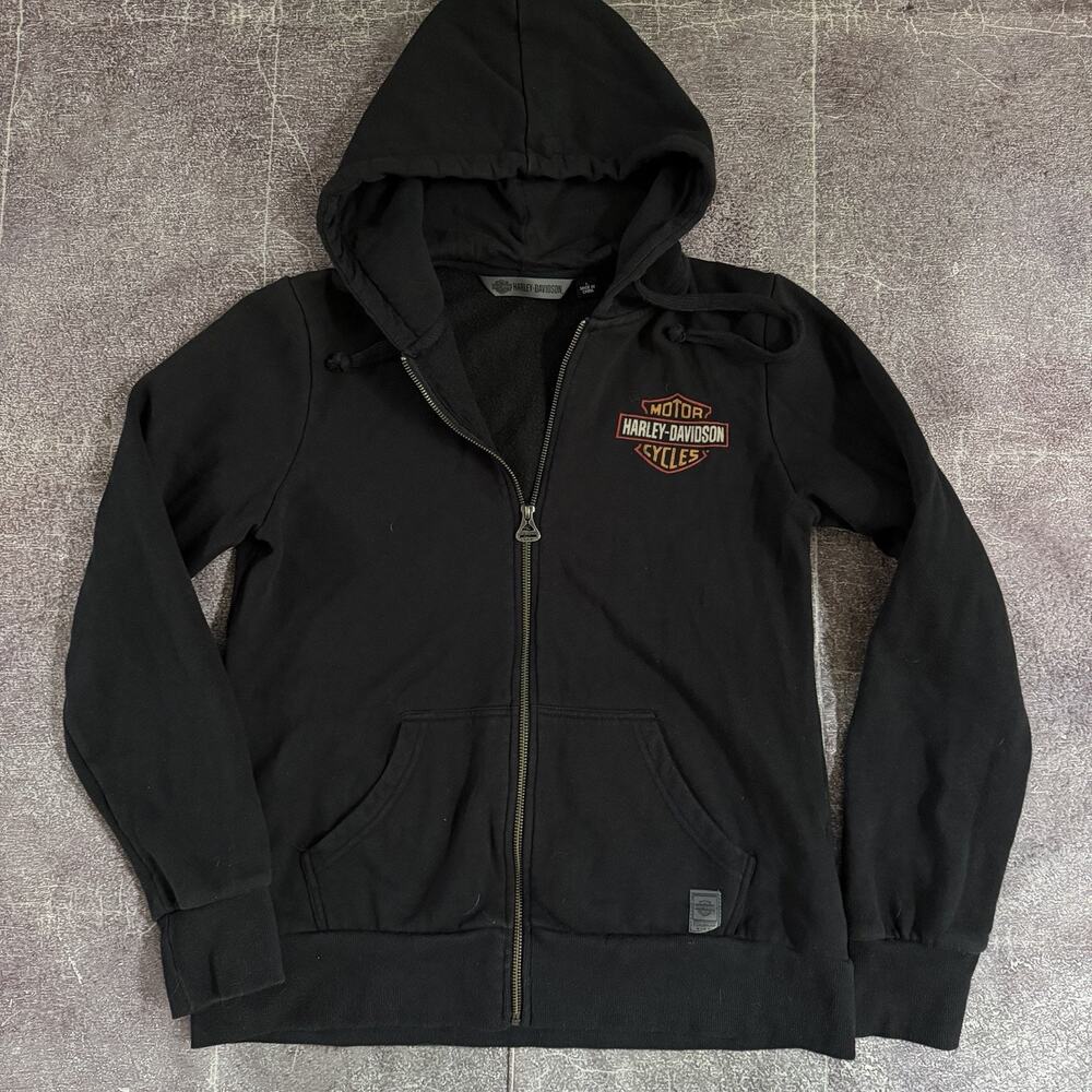 Women's Harley Davidson Motorcycle Black Full Zip Up Hoodie Sweatshirt Sz Large